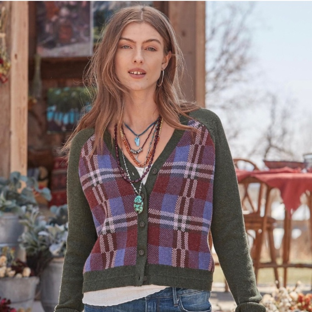 SUNDANCE CATALOG Plaid Button Down Cardigan Olive Purple Wool Cotton Blend Small